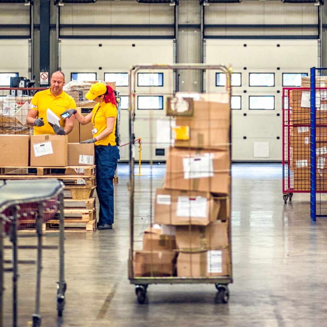 An image of 2 people working in a warehouse as an example of shipping.