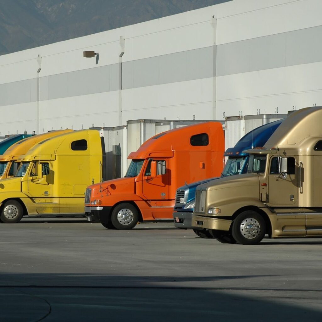 An example of cross-docking services. A row of trucks docked at a warehouse.