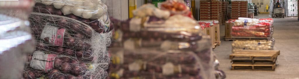 Stacks of red and white onions on pallets in a warehouse.