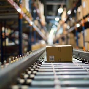 An image of a box on a conveyer belt. 